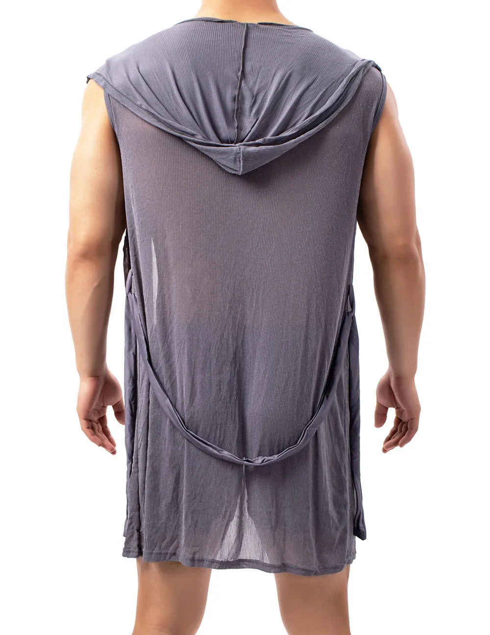 Men Bathrobe Pajamas Suit Sexy See Through Underwear Sleep Tops Home Wear Casual Loose Silky Hooded Frenulum Sleepwear Kimono