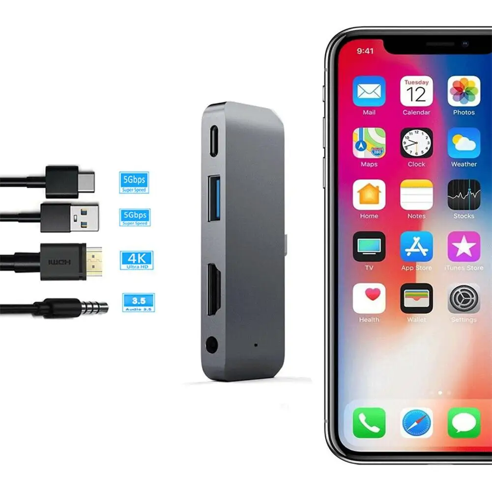 

4 в 1 адаптер Usb C Hub с интерфейсом Aux 3,5 мм 4k Hdmi-совместим с Ipad Pro 11/12.9 2019/2020
