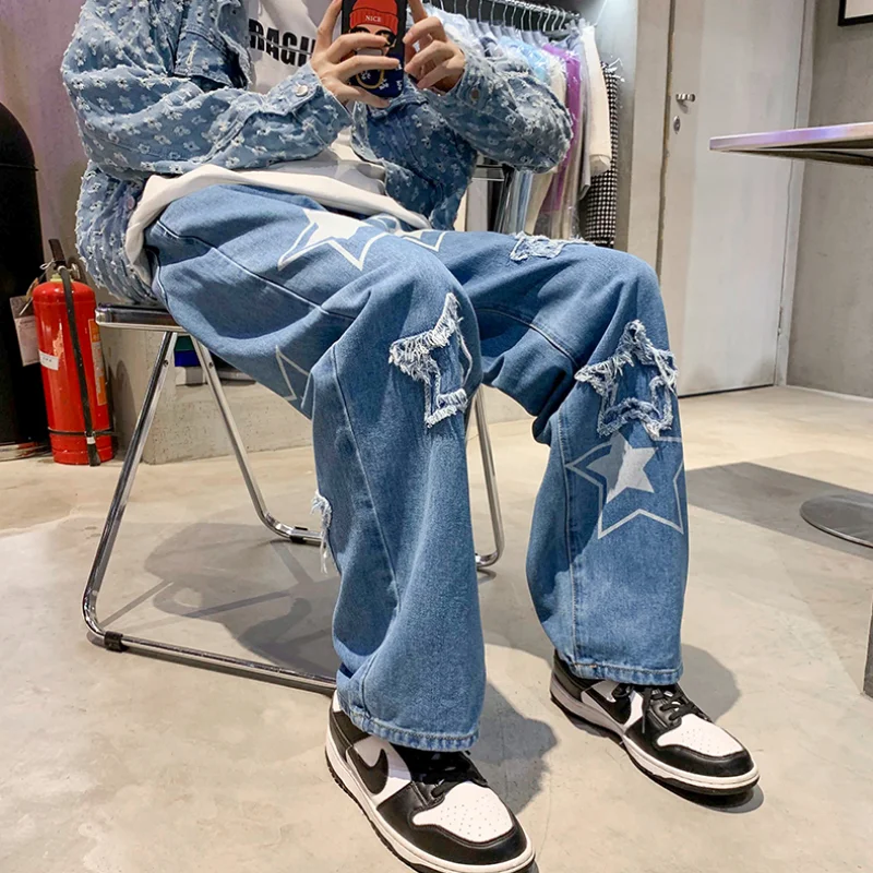 DEEPTOWN Y2K Star Pants Men's Jeans with Stars Streetwear Hip Hop Denim Pants Straight Trousers Male Embroidered Loose Casual