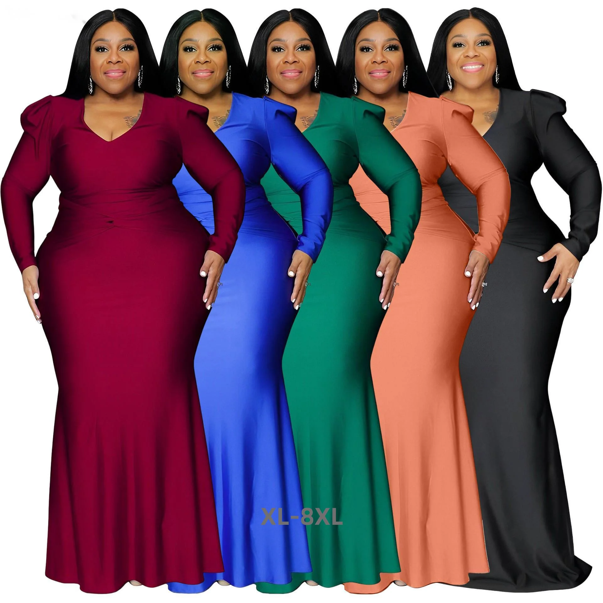 Plus Size Women Evening Dress v Neck Solid Knittin Long Sleeves Stretchy Party Maxi Dresses Spring 4xl 5 3xl 4xl 5xl 6xl