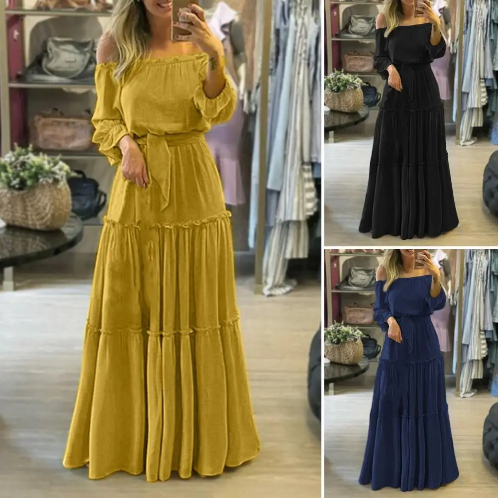 

Популярное платье-макси с длинным рукавом, дышащее осеннее платье без бретелек, однотонное богемное Макси-платье