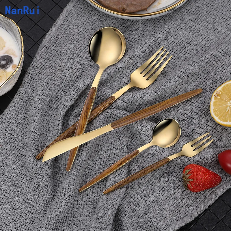 5Pcs Dinnerware Set Stainless Steel Cutlery Set Kitchen Gold Tableware Set Knife Fork Spoon Dinner Set  Food Tableware Gift