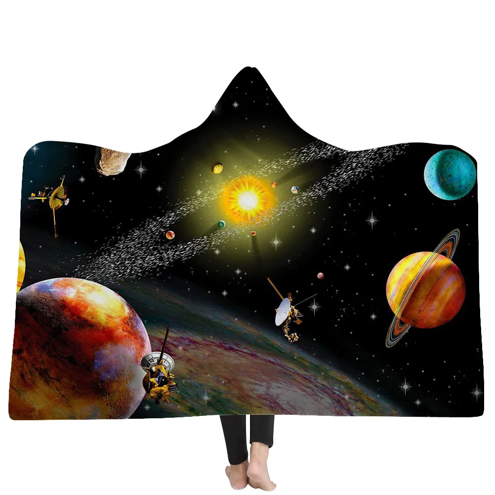 

Мягкое пушистое постельное белье из кораллового флиса, одеяло с капюшоном для кровати, 3D принт планеты, носимое хлопковое худи, одеяло для взрослых
