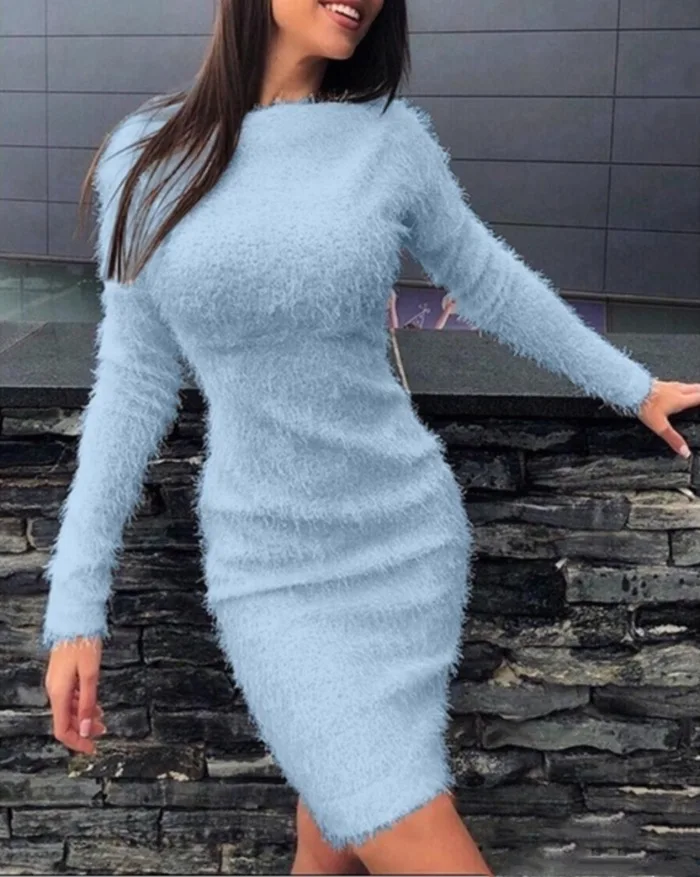 

Fashion Ladies Dress Winter Ladies Long Sleeve Slim Solid Color Slim O-neck Sweater Large Size Elegant Mini Dress Oversized 2021