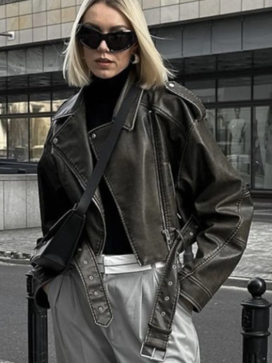 

Washed Leather Jackets For Women 2023 New Autumn Streetwear Vintage Long Sleeve Lapel Cropped Jacket Female Fashion PU Outerwear