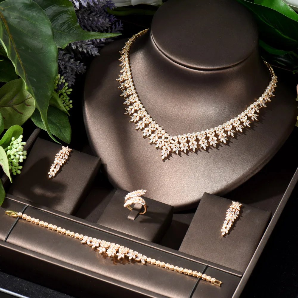 Fashion Luxury Leaf Shape Gold Color Collection Nigerian Wedding Cubic Zirconia Necklace Dubai 4PCS Dress Jewelry Set Party Gift