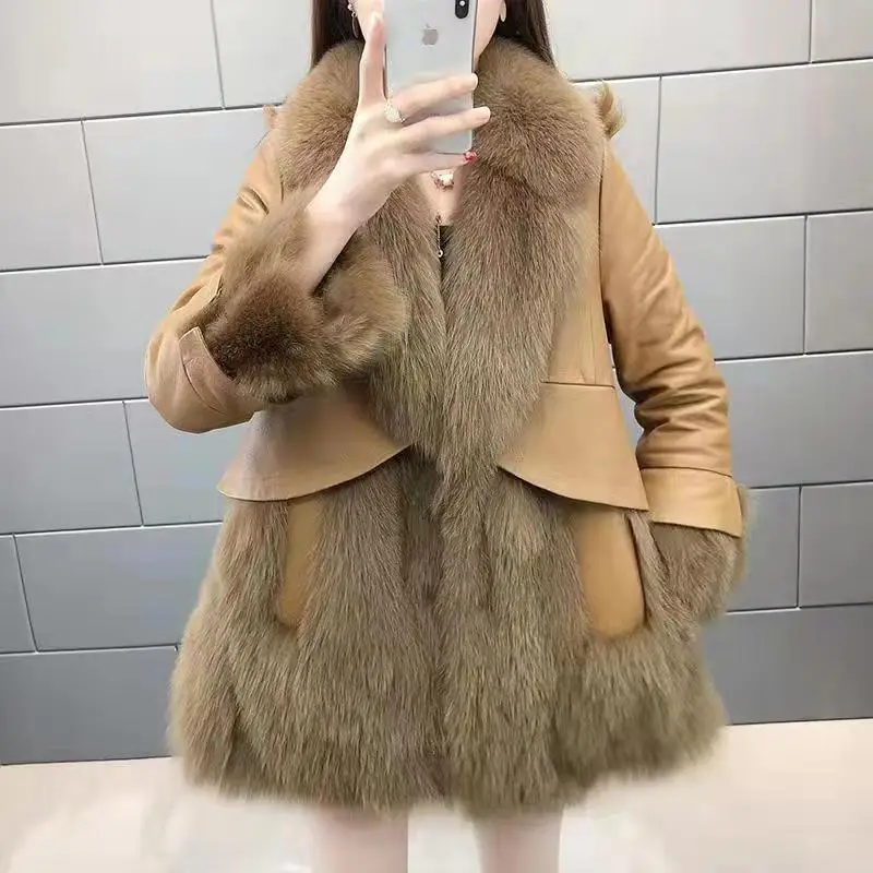 Winter Jacket Women 2022 New Mid Long Slim Black Faux Fur Coat Fox Fur Collar PU Leather Stitching Female Clothing Fashion Tops