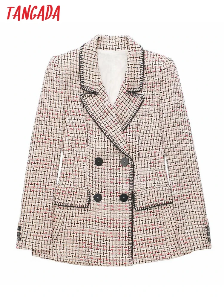 

Tangada 2022 New Arrival Women Vintage Tweed Blazer Female Long Sleeve Elegant Jacket Ladies Blazer Suits 3H353