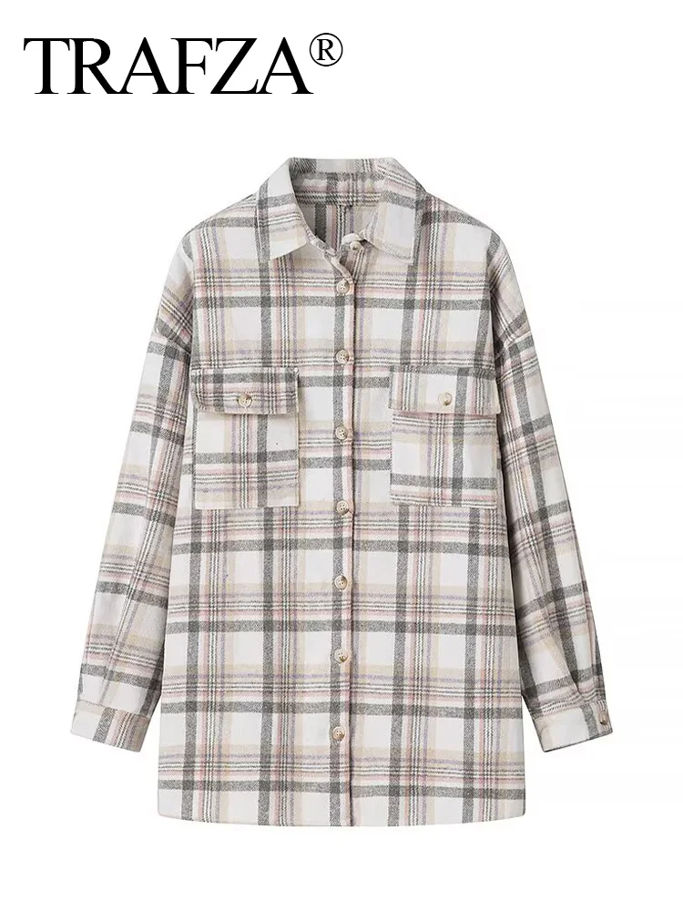 TRAFZA осенние женские свободные рубашки с карманами и отложным воротником