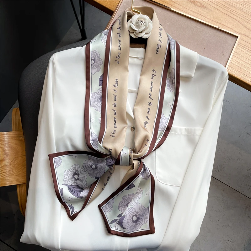 

17*150cm Luxury Silk Satin Scarf Women Print Spring Neck Tie Female Hair Band Bag Wrist Foulard Bandana Headkerchief Ribbon 2022