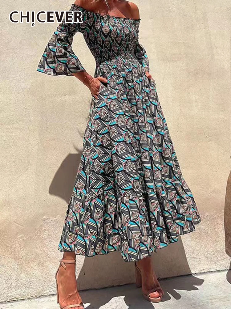 

CHICEVER Print Hit Color Dresses For Women Slash Neck Flare Sleeve High Waist Tunic Folds A Line Maxi Dress Female Summer 2023