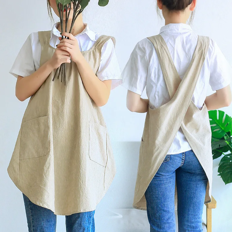 

Waterproof Women Cotton Linen Cross Back Apron Japanese Housework Kitchen Cooking Double Pocket Apron Florist Working Apron