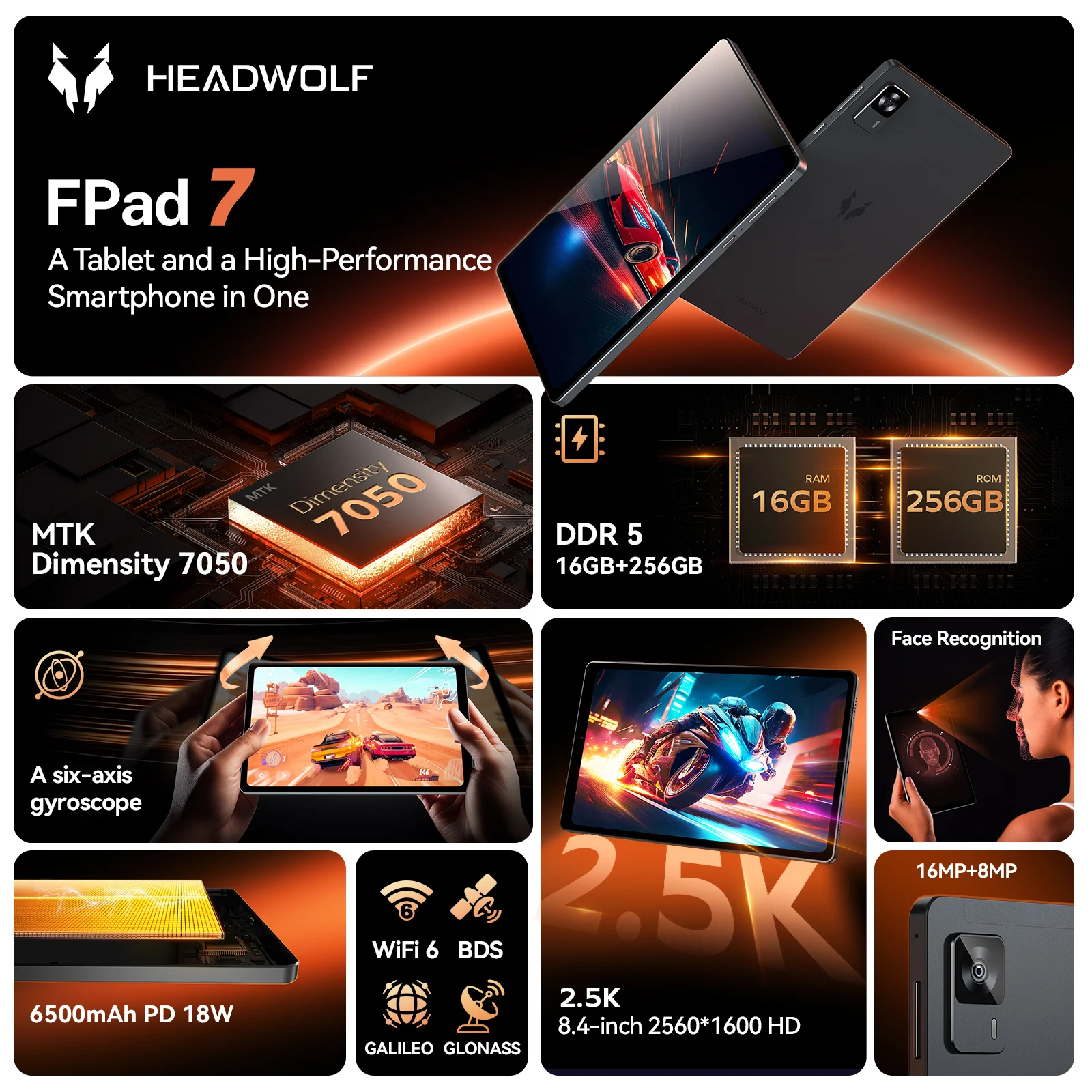 Фото Планшет Headwolf FPad7 8.4 дюйма, Android 15, 2560x1600, 16 ГБ LPDDR5 + 256 ГБ UFS 3.1, 6500 мАч, PD18W, камера 8 МП/16 МП, SIM 4G LTE, WiFi 6 №2