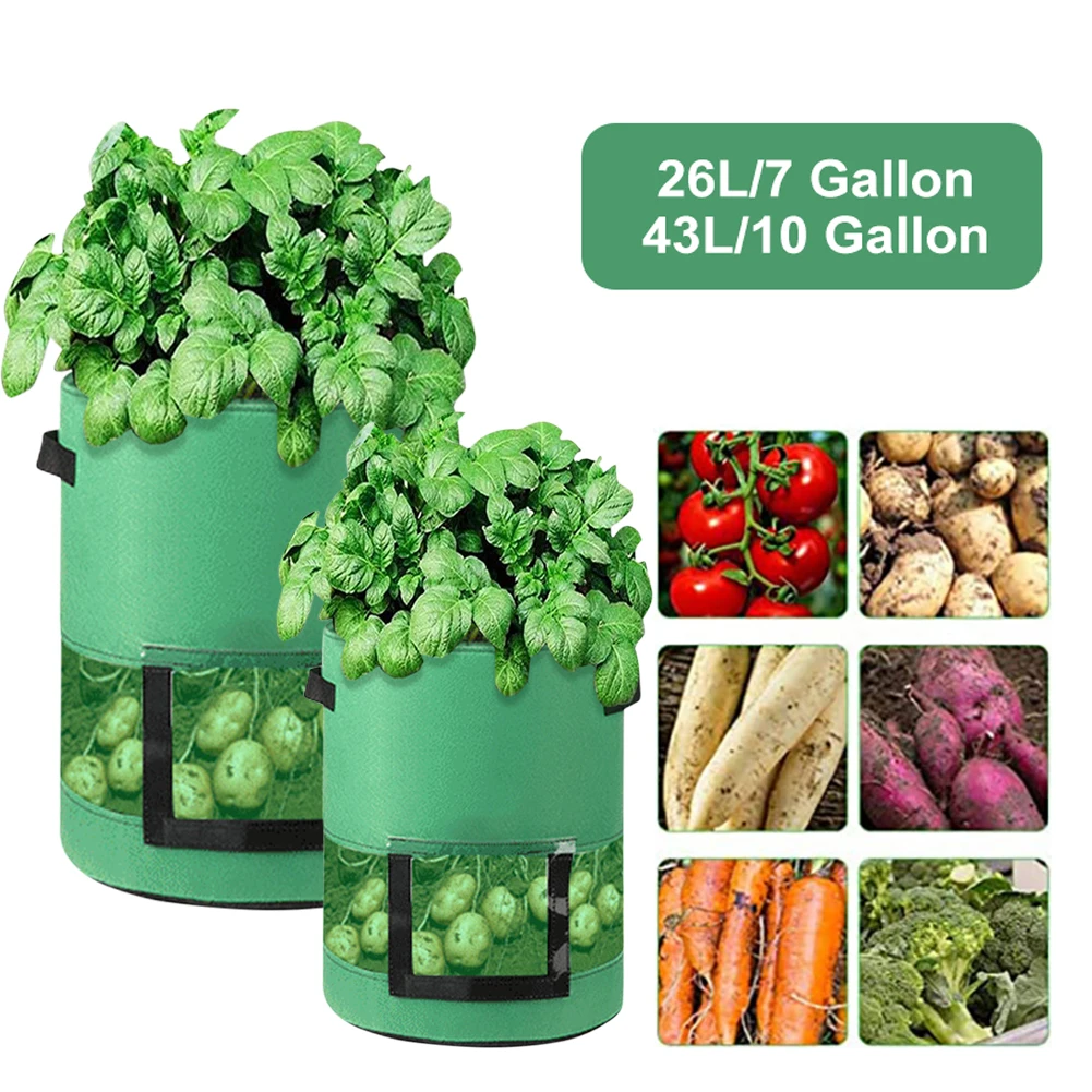 

7/10 Gallon Felt Plant Grow Bags Transparent Potato Pot with Handle Seed Vegetabls Onion Carrot Planter Outdoor Garden Tools