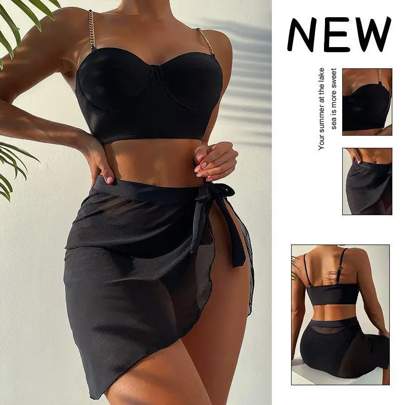 

2023 летний популярный женский сексуальный купальник, однотонный купальник с цепочкой и высокой талией, Пляжная накидка, комплект из трех предметов, купальный костюм