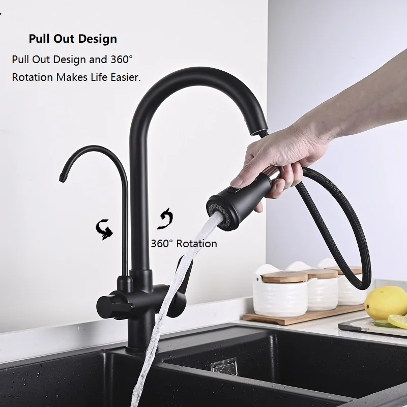 Черный кухонный кран с фильтром выдвижной смеситель для кухни поворот на 360