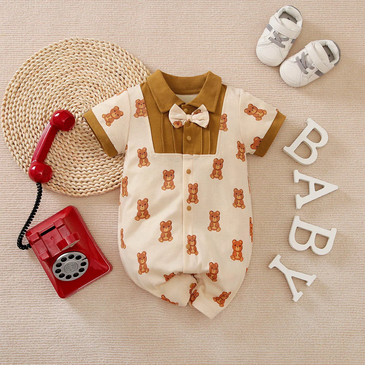 

hibobi Baby Boy Romper Bear Cartoon Print Summer Short Sleeve Cute Cotton Bow Decor Jumpsuit Newborn Baby One-Piece Clothes