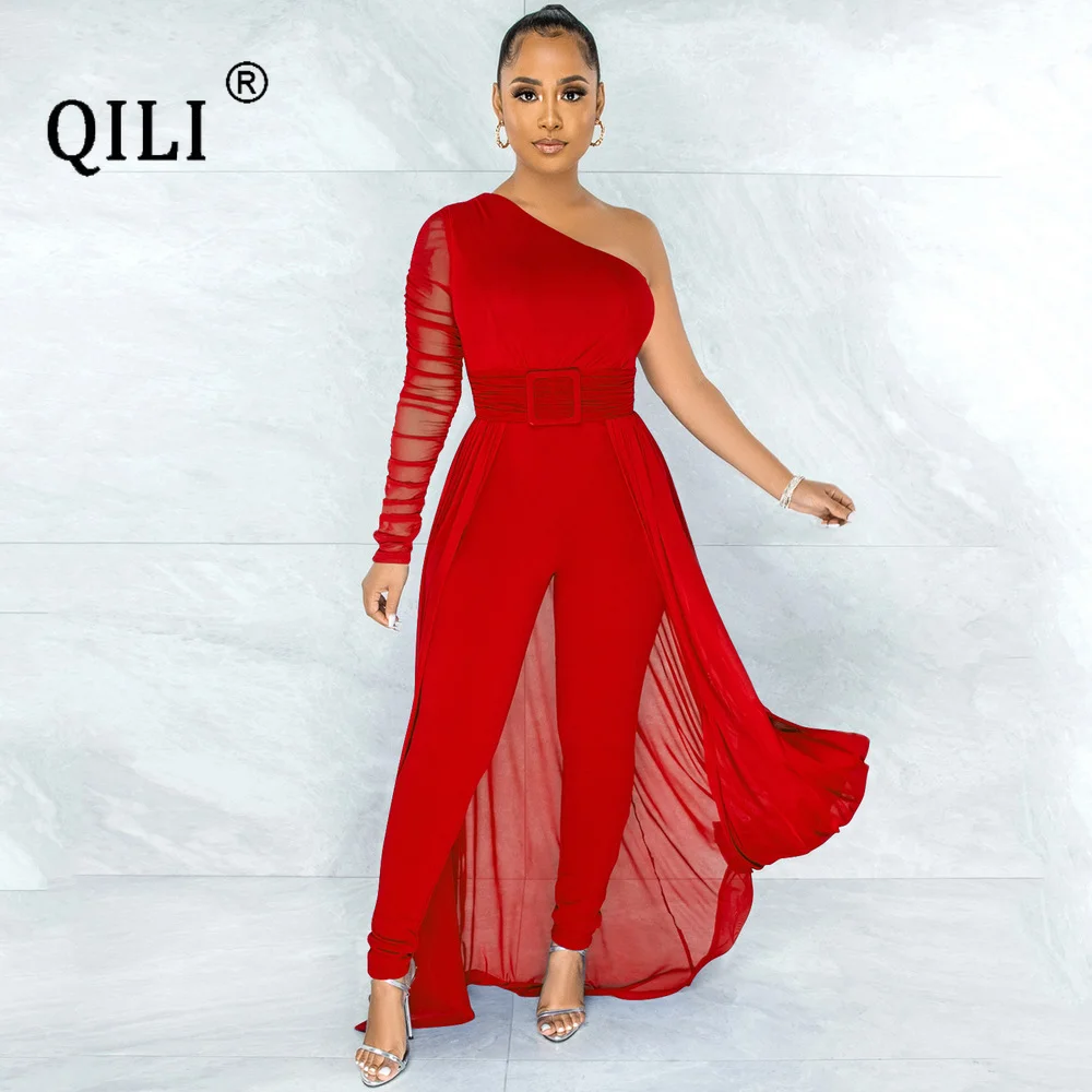 QILI One Shoulder Womens Fake Two Piece Jumpsuits Fashion Casual Outing Clothes Travel Jumpsuit Elagant Lady Party Wear
