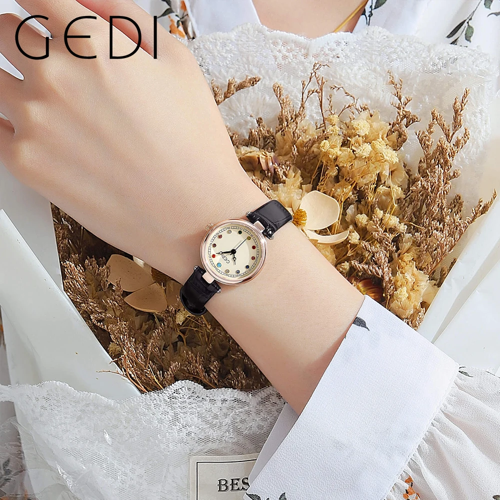 GEDI Elegant Women Watches Leather Strap Color Diamond Scale Waterproof Fashion Ladies Quartz Wriswatch Luxury Woman Clock Gifts