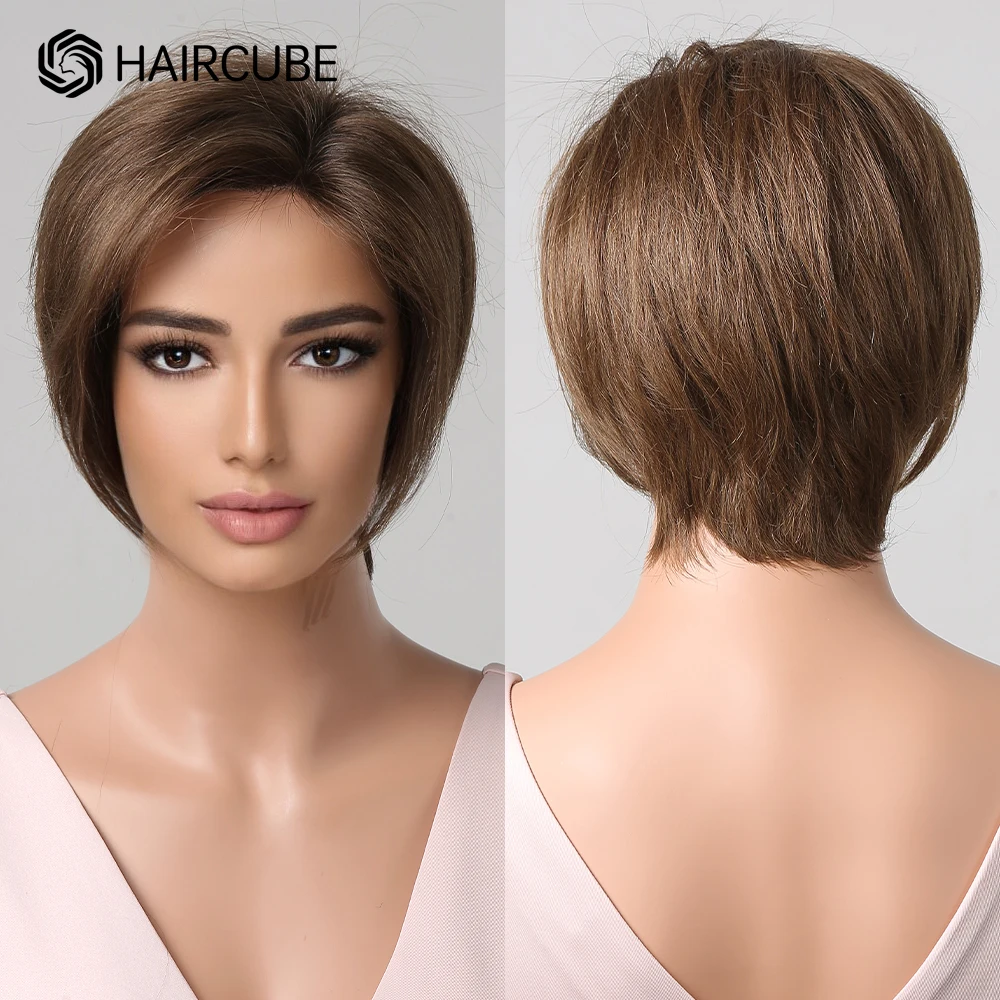 Short Brown Pixie Cut Wigs Human Hair Lace Frontal Wigs with Side Bangs Natural Hairline Straight Bobo Human Hair Wigs for Women