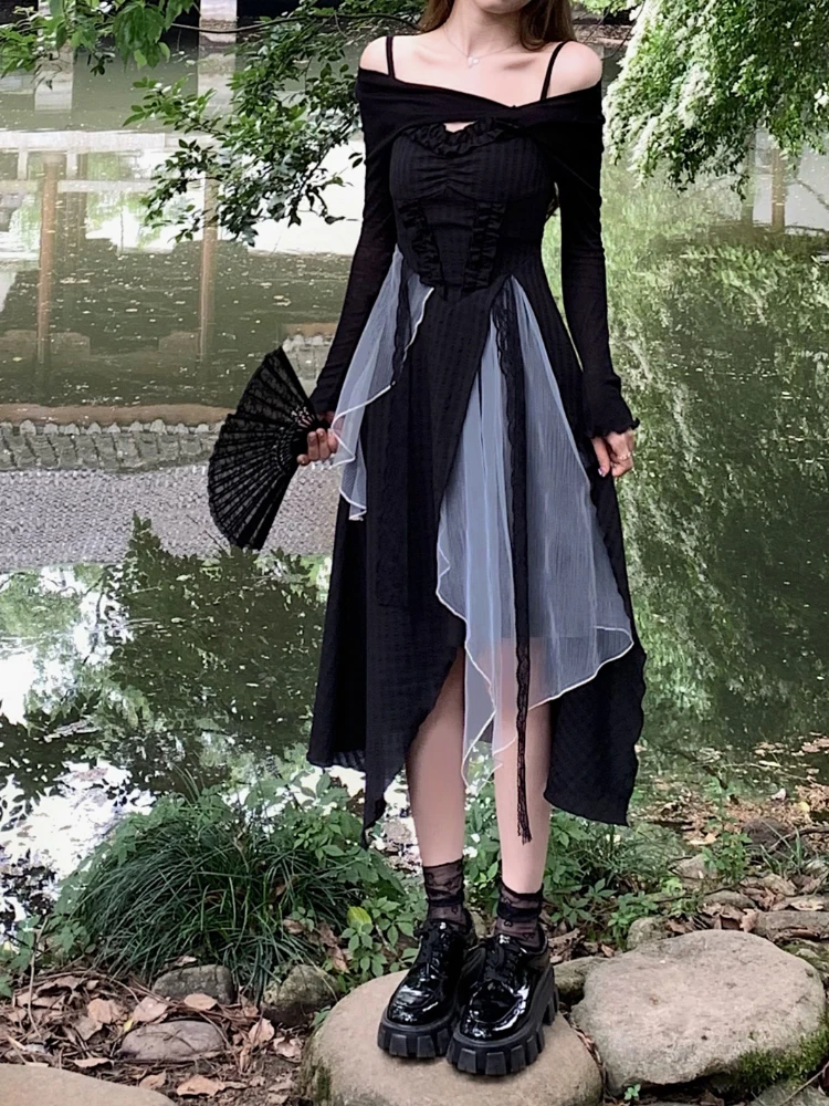 

Elegant Party One Piece Dress Korean Women Casual Sleeveless Black Vintage Dress Sexy Strap Midi Dress Fashion Slim Autumn 2022