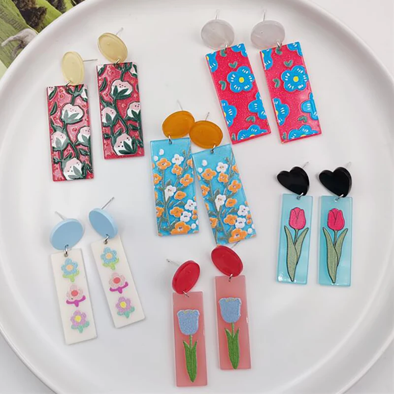 

Silver Needle Rectangular Lovely Girl Heart Earrings Vintage Tulip Flower Embossed Printed Acrylic Sweet Stud Earring Jewelry