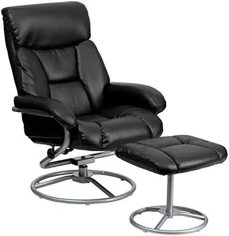 

Contemporary Multi-Position Recliner and Ottoman with Metal Base in Black LeatherSoft