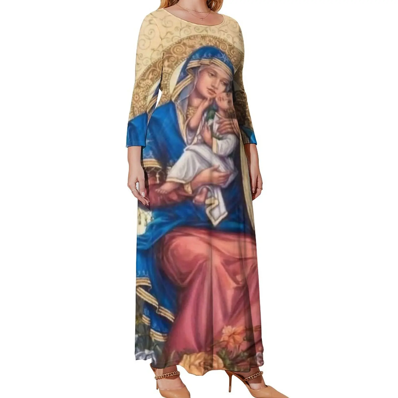 Virgin Mary Print Dress Long Sleeve Mother of God Kawaii Maxi Dress Spring Fashion Pattern Boho Beach Long Dresses Plus Size 5XL