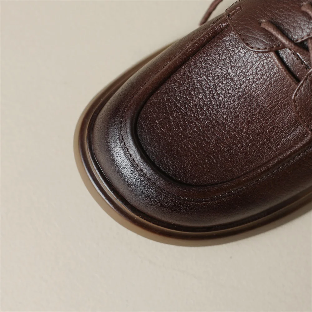 Kanseet Real Leather Shoes For Women 2023 Spring New Round Toe Lace-Up Causal Loafers Handmade Flats Lady Footwear Size 40 Brown
