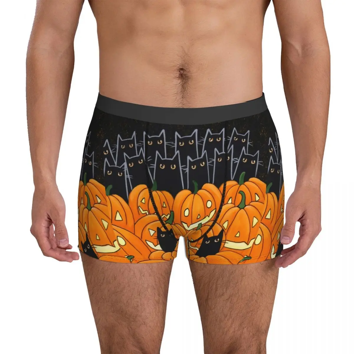 Halloween Pumpkin Black Cats Underwear Jack o Lanterns Pouch Hot Boxer Shorts Custom Shorts Briefs Stretch Men Underpants 2XL
