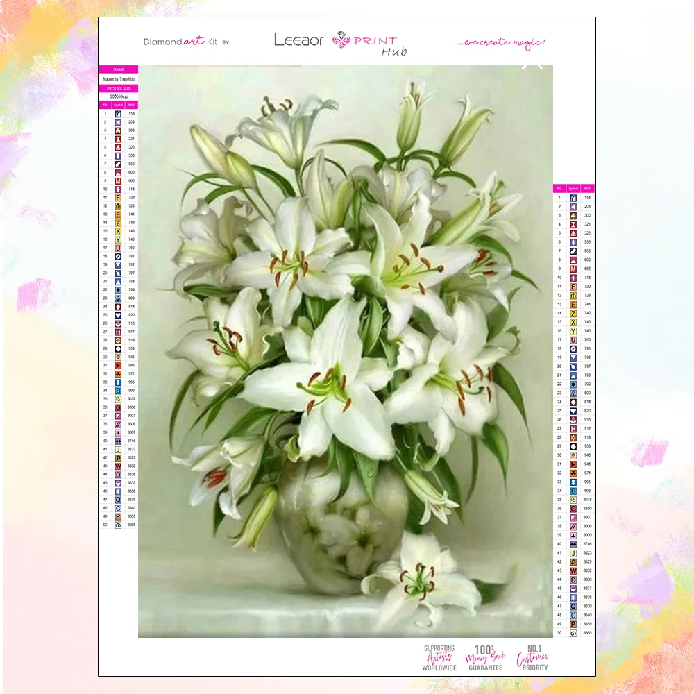 

Diamond Painting Flower Lily Green Leaves Picture Oil Paintings Vase Rhinestone Art Cross Embroidery Kit Kitchen Wall Decoration