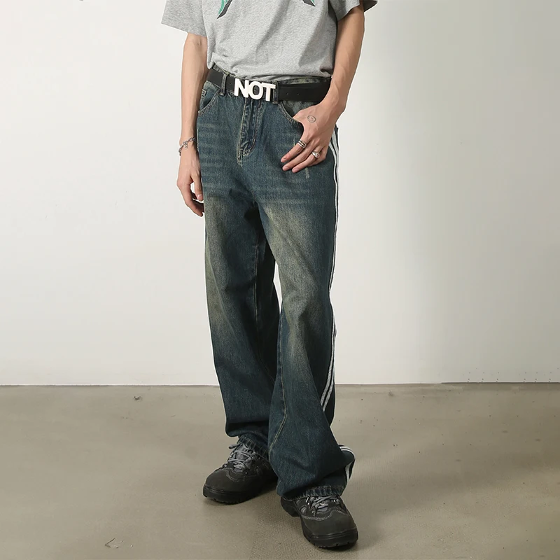 HOUZHOU Distressed Jeans Men Wide Leg Denim Trousers Male Loose Casual Pants Side Stripe Streetwear Hip Hop Men Clothing