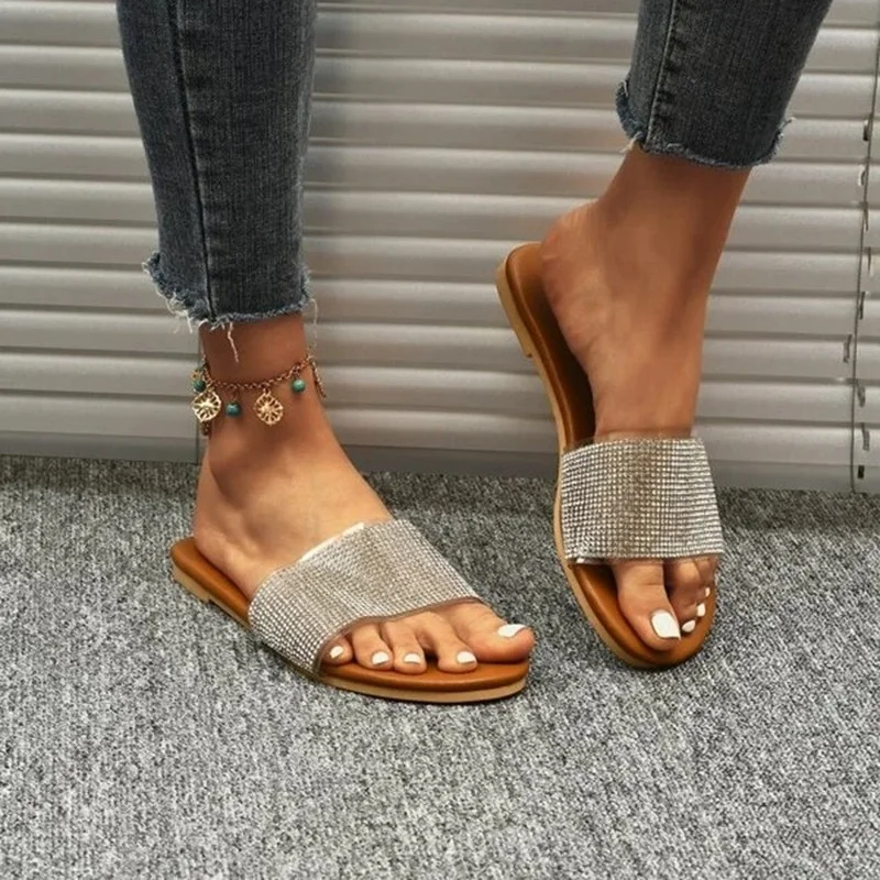 

Ladies Slippers New Summer Fashion Sequins Flat Slippers Outside Wear Seaside Beach Casual Flip-flops Plus Size 43 Woman Shoes