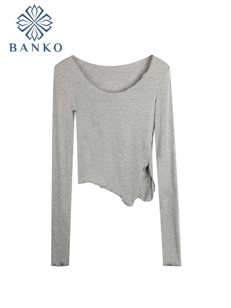 

Korean Style Solid Knitted T-shirts 2022 Spring Autumn New Fashion All-Match Skinny O-neck Crop Tops Y2k Sexy Slit Mujer Clothes