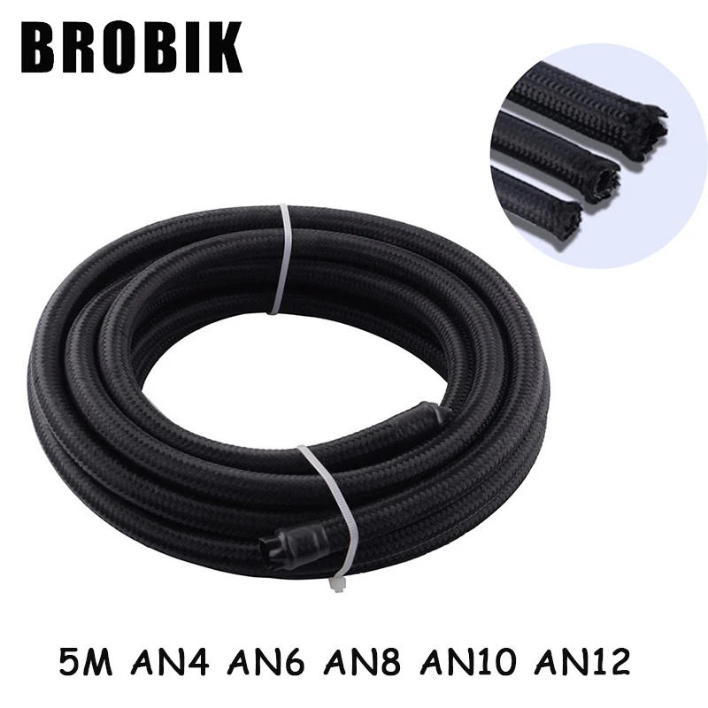 

BROBIK 5M AN4 AN6 AN8 AN10 AN12 Racing Hose Pipe Universal Nylon-Stainless Steel Fuel Line Black Oil Cooler Hose Tubing