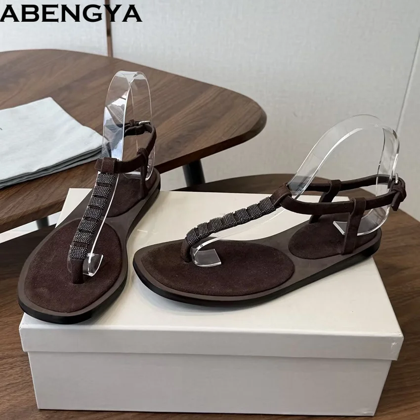 Женские замшевые шлепанцы ABENGYA, плоские сандалии с бусинами, пляжная обувь для отпуска, повседневные туфли, сандалии для женщин (art.: 3920db5a0b000) - 3920db5a0b000