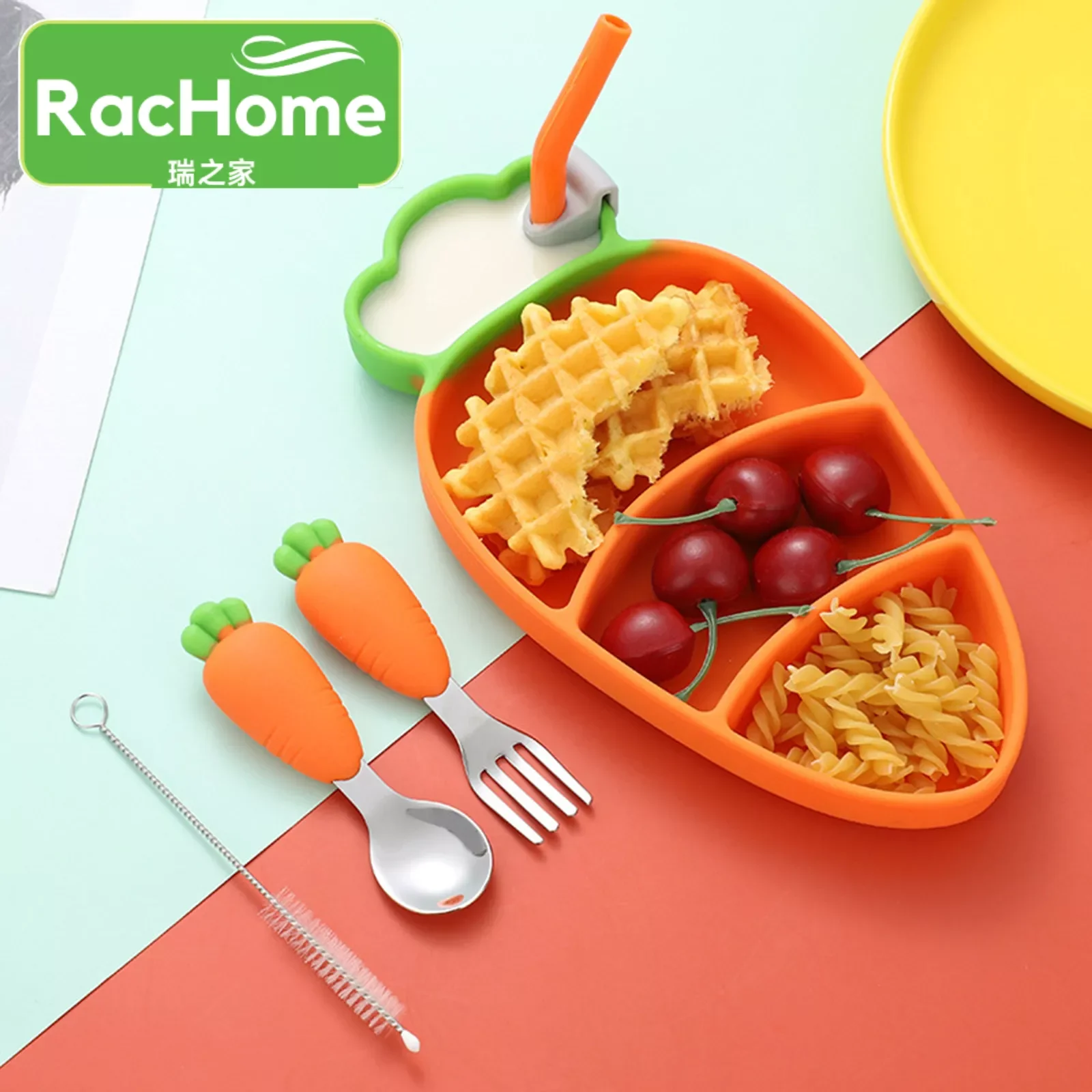 

Self-Feeding Food Grade Children's Dinner Plate Food Supplement Divided Plate Kids Snacks Food Tray Silicone Feeding Plates