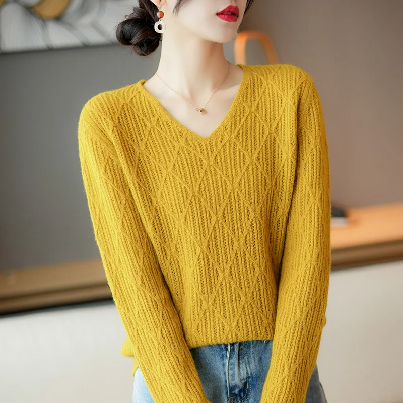 

V-neck Long Sleeve Hot Sale Women Sweaters 100% Merino Wool Knitting Soft Warm Pullovers Female Woolen Knitwears JN229