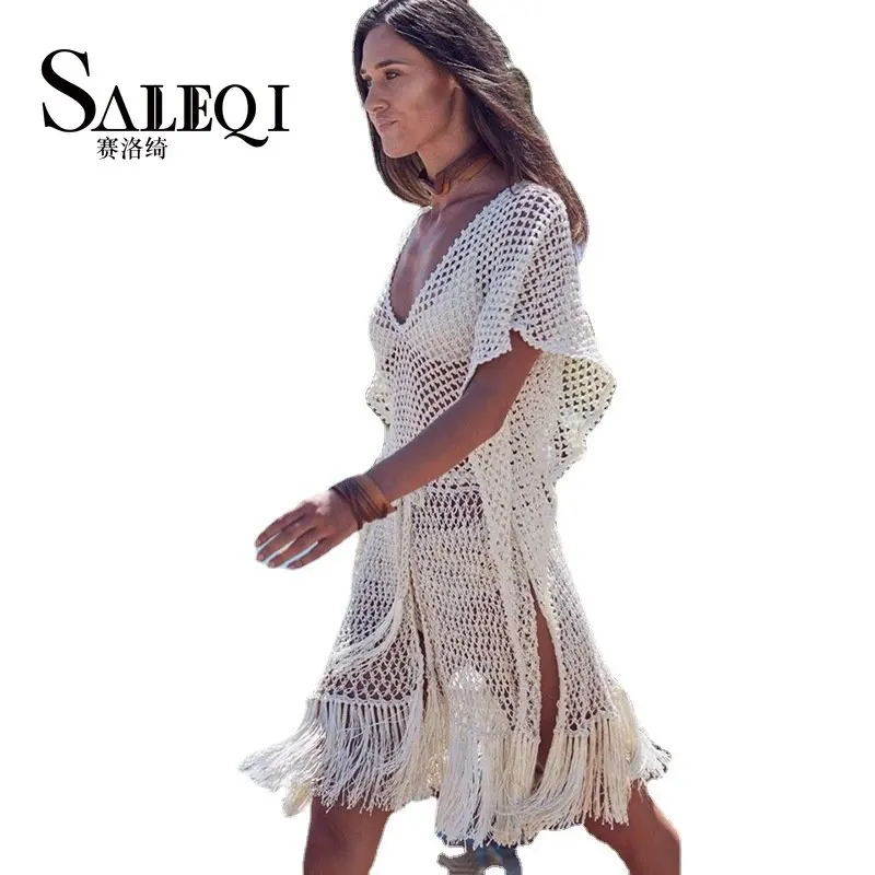 

Knitted new blouse v-neck tassel split hollow bikini with sunblock dress