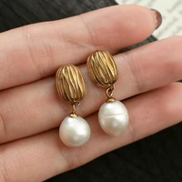 fashion ripple pearl stud earrings for women personalized stainless steel korean design earrings wedding jewelry birthday gifts