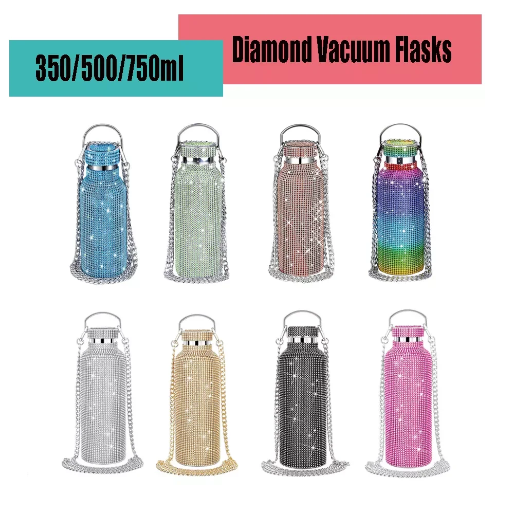 

NEW IN 350ml/500ml/750ml Diamond-encrusted Mug with Chain Water Bottle 304 Stainless Steel for Women Outdoor Traveling Products