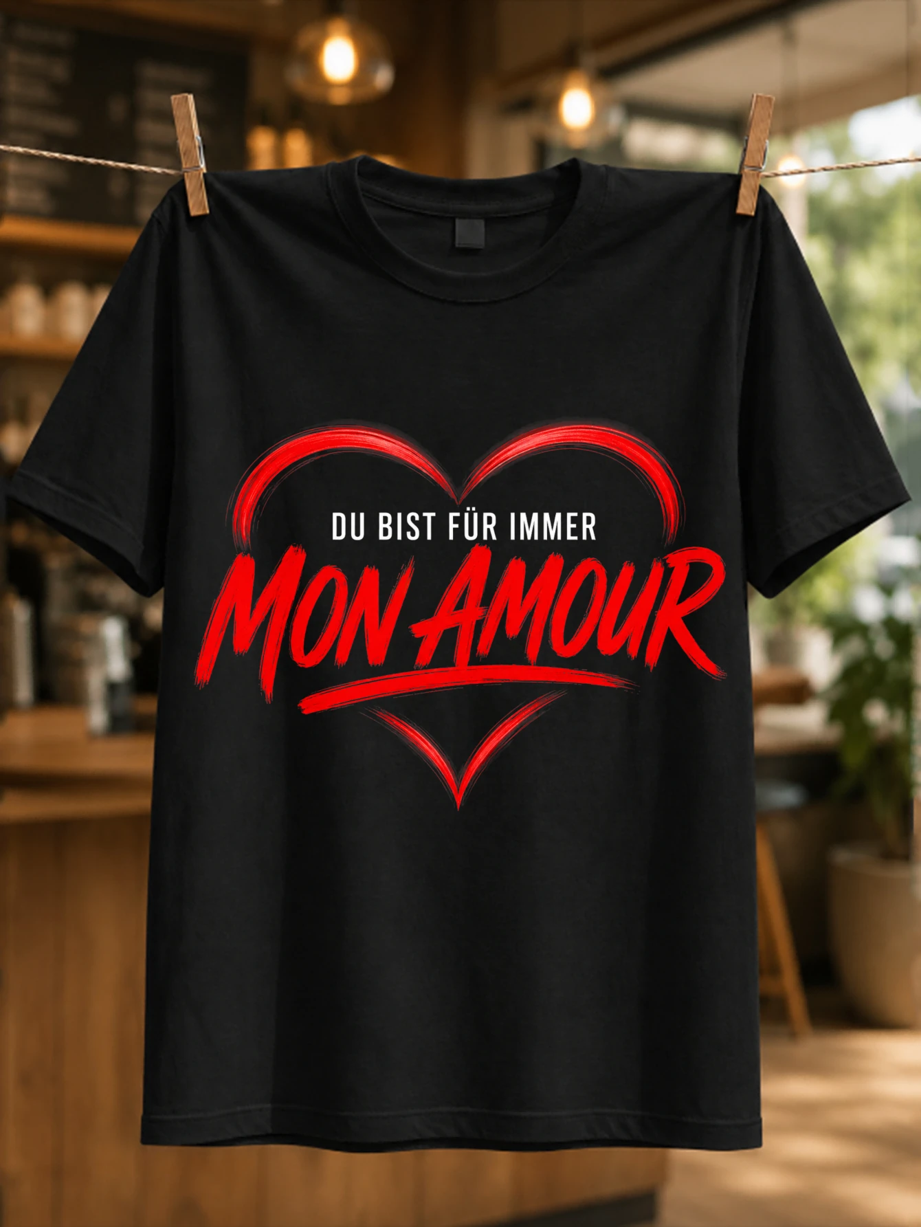 Фото Футболка унисекс с романтическим принтом Du Bist Fur Immer Mon Amour Red Heart Brush Stroke с немецко-французской надписью Love Lettering №1