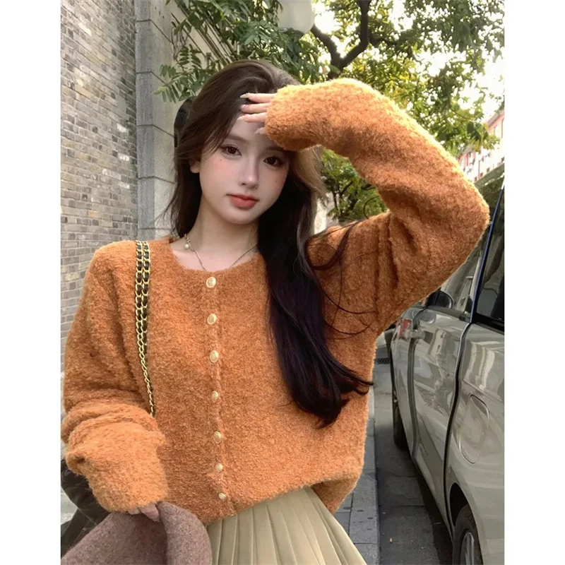 

Korean Fashion Soft Sweater for Women Loose Autumn Winter Round Neck Single Breasted Knitted Cardigan Long Sleeve Tops Sueters