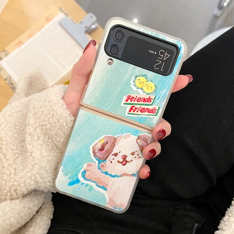 Watercolor Cartoon Cat Puppy Phone Case for Samsung Galaxy Z Flip 4 3 Hard Cover for ZFlip3 Zflip4 Solid Shell Bracket