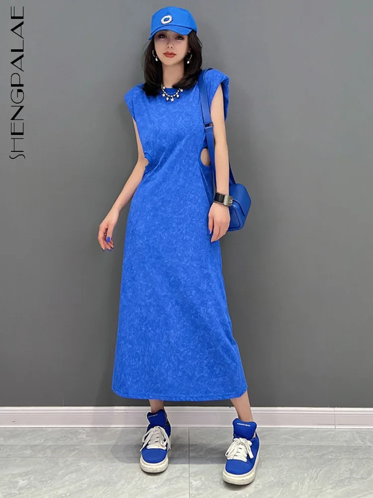 SHENGPAIAE O-Neck Sleeveless Irregular Solid Color Silm Fit Robe Dress For Women 2023 Autumn Fashion Female Vestido Robe 5W110