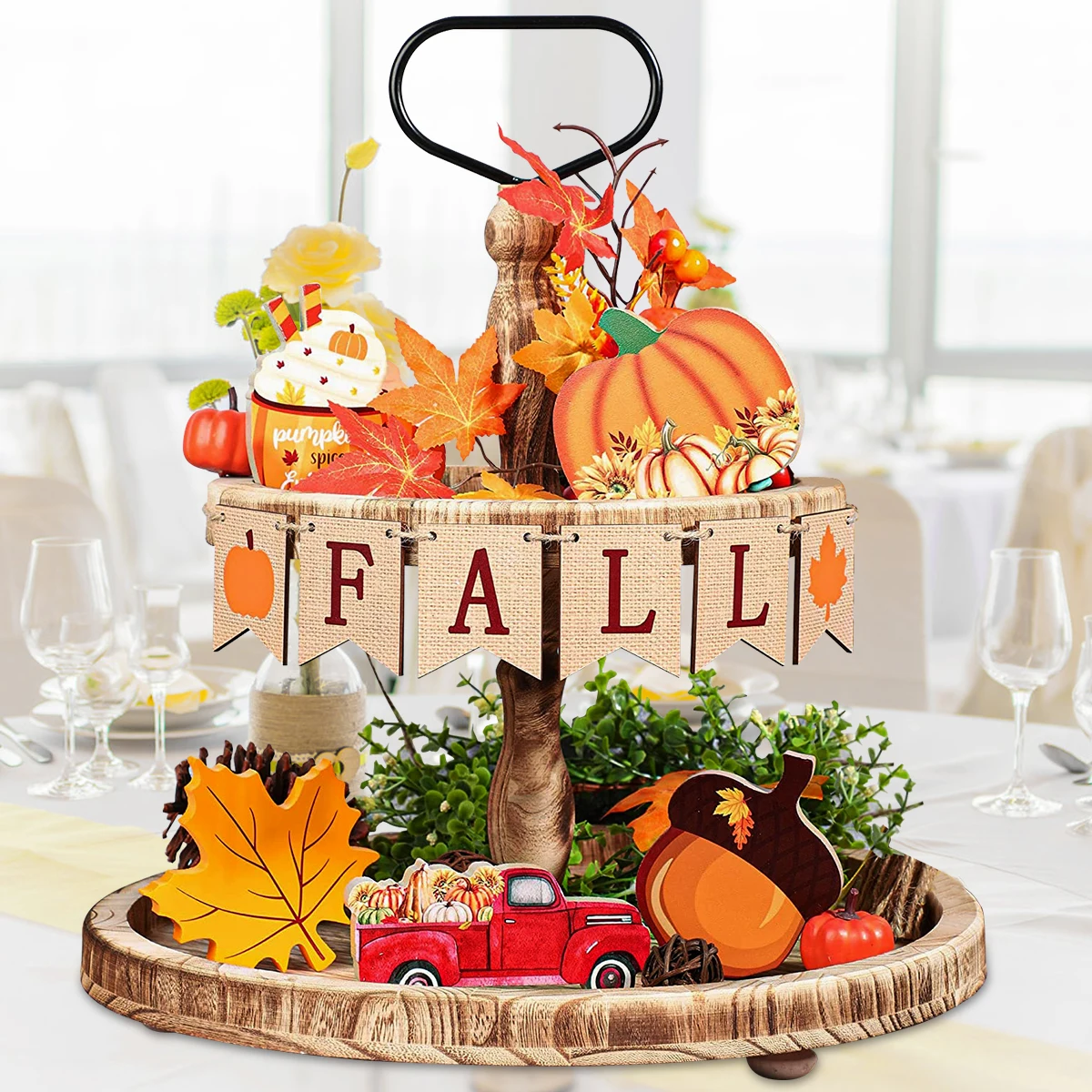 

6Pcs Wooden Fall Tiered Tray Decor Harvest Fall Decorations Pumpkin Maple Leaves Autumn Tabletop Ornaments Truck Acorn Fall