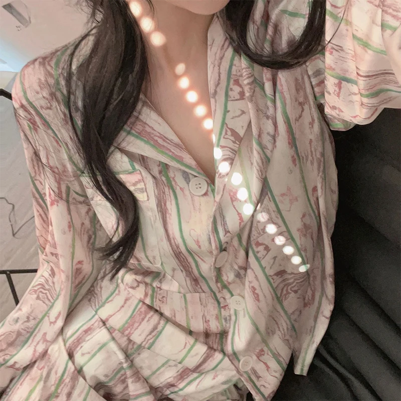 FALLINLAOE Satin Pajamas Set Spring Autumn Home Suit with Pant Women's Print Pijama Silk Sleepwear for Female Pyjamas Lingerie