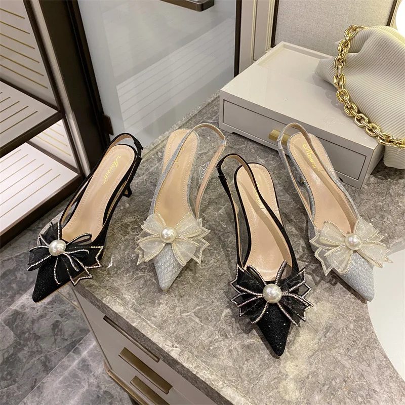 

Low Sandals Woman Leather Female Shoe High Heels Low-heeled Girls Pointed High-heeled Comfort Fashion Pearl Beige Open Bow 2022