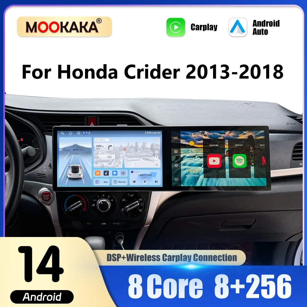 Фото 11,5-дюймовая автомобильная магнитола с двумя экранами для Honda Crider 2013-2018, беспроводной Carplay, Android Auto, мультимедийный плеер, GPS-навигация, головное устройство №1