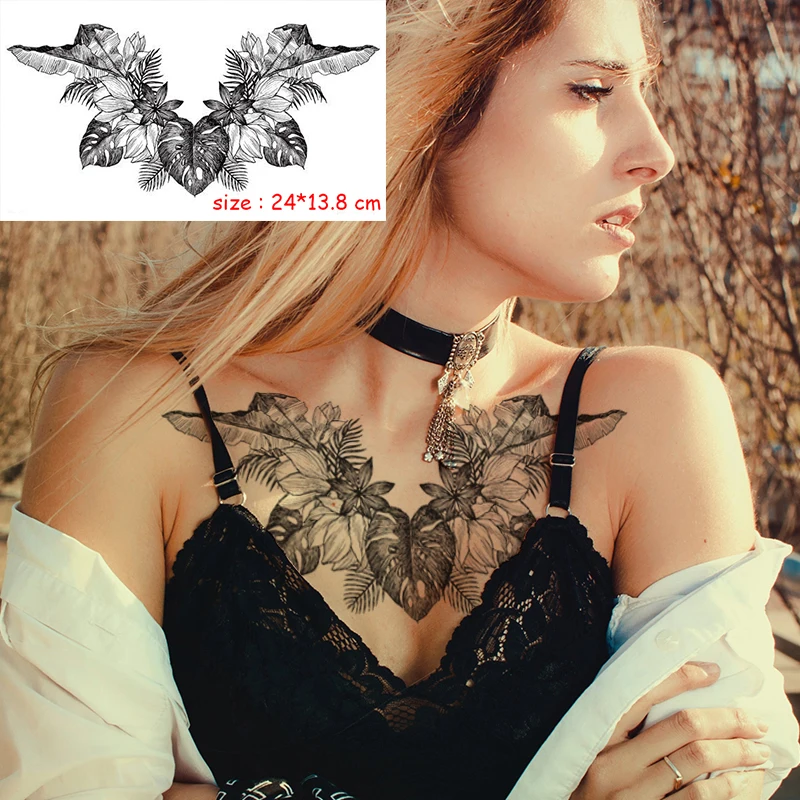 

Temporary Tattoo Sticker Plant Leaf Flower Like Butterfly Sexy Chest Back Fake Tatoo Waterproof Flash Tatto Art for Woman Girl